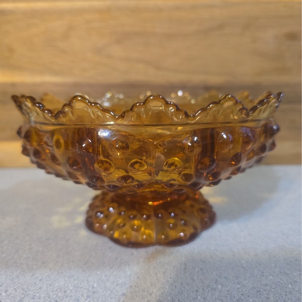 Vintage Fenton Amber Hobnail Glass Pedestal Candle Holder Floral Bowl 3547569
